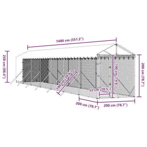 VidaXL Kojec dla psa, z dachem, srebrny, 2x14x2,5m, stal galwanizowana