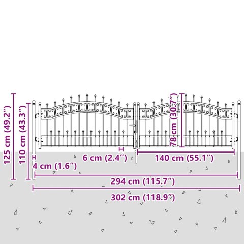 BRAMA OGRODZENIOWA KAMPEN Z WŁÓCZNIĄ CZARNA STALOWA 302X125CM