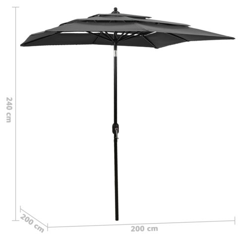 3-POZIOMOWY PARASOL NA ALUMINIOWYM SŁUPKU ANTRACYTOWY 2X2M
