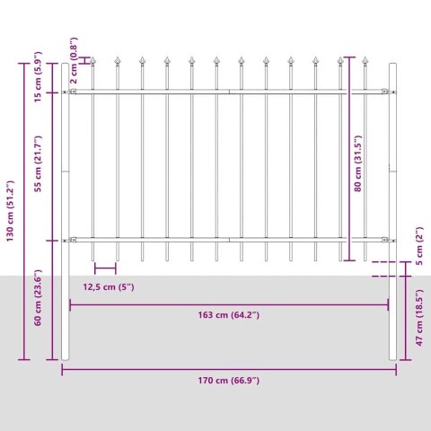 OGRODOWY PŁOT Z SZPICZASTYM ZAKOŃCZENIEM - SZARY - 13,6X 0,8M - STAL
