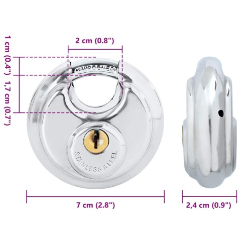 VidaXL Kłódki discus z kluczami 2 pcs Srebrny 7 x 2.4 x 7 cm