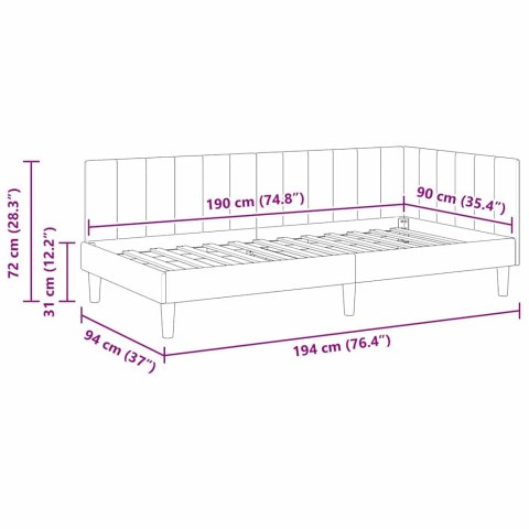 VidaXL Rama łóżka narożnego Z zagłówkiem Różowy 90 cm x 190 cm Aksamit