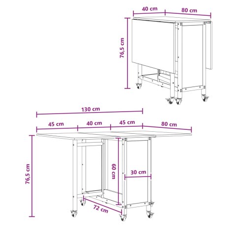 VidaXL Składany stół jadalny z kółkami 130 x 80 x 76,5 cm