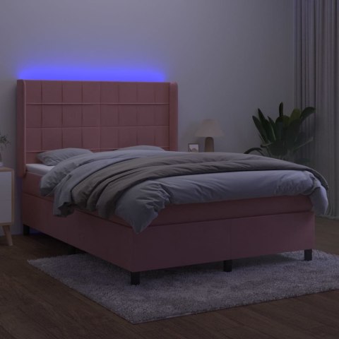 ŁÓŻKO KONTYNENTALNE Z MATERACEM I LED RÓŻOWY AKSAMIT 140X190CM