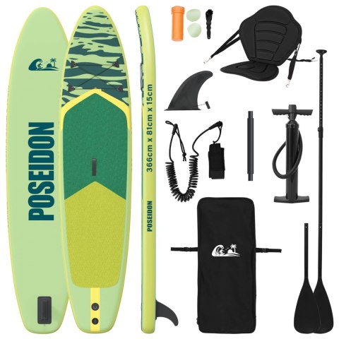 VidaXL Deska SUP z siedziskiem 2-w-1 POSEIDON 366 x 81 x 15 cm zielony