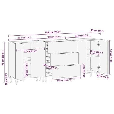 ZESTAW KOMÓD 3 PCS BRĄZOWY 180X33X75CM DREWNO Z MANGO