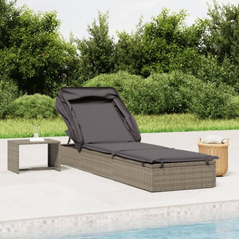 LEŻAK ZE SKŁADANYM DACHEM SZARY 213X63X97CM POLIRATTAN