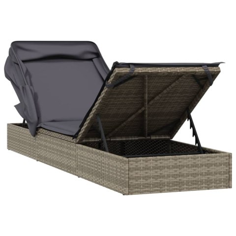 LEŻAK ZE SKŁADANYM DACHEM SZARY 213X63X97CM POLIRATTAN