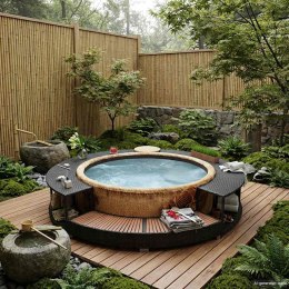 OBUDOWA DO BASENU SPA Z HYDROMASAŻEM CZARNY RATTAN Z DREWNEM EUKALIPTUSOWYM