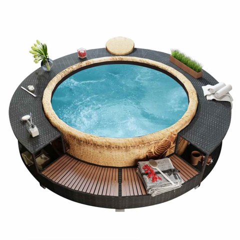 OBUDOWA DO BASENU SPA Z HYDROMASAŻEM CZARNY RATTAN Z DREWNEM EUKALIPTUSOWYM