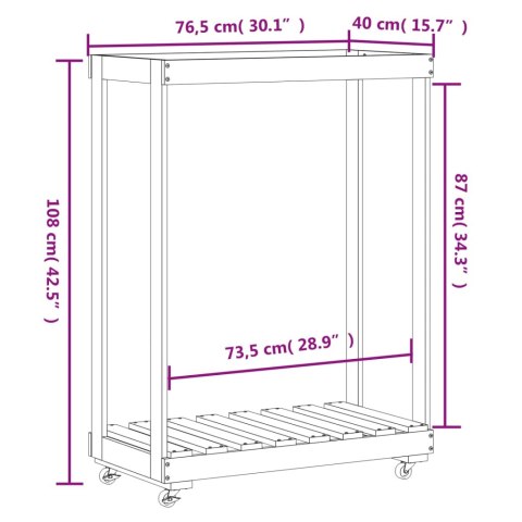 STOJAK NA DREWNO Z KÓŁKAMI 76,5X40X108CM DREWNO SOSNOWE