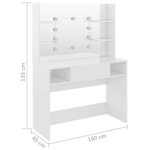 STOLIK DO MAKIJAŻU Z LED 100X40X135CM MDF LŚNIĄCY BIAŁY