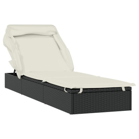 LEŻAK ZE SKŁADANYM DACHEM CZARNY 213X63X97CM POLIRATTAN