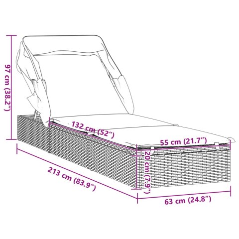 LEŻAK ZE SKŁADANYM DACHEM CZARNY 213X63X97CM POLIRATTAN