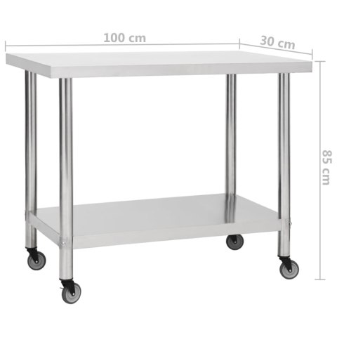 KUCHENNY STÓŁ ROBOCZY NA KÓŁKACH 100X30X85CM STAL NIERDZEWNA