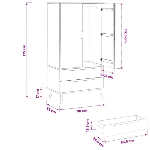 VidaXL Garderoba MOLDE Czarny 90 x 55 x 175 cm Lite drewno sosnowe