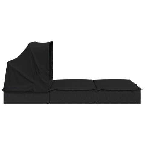VidaXL Leżak 2-os., składany dach, czarny, 213x118x97 cm, polirattan
