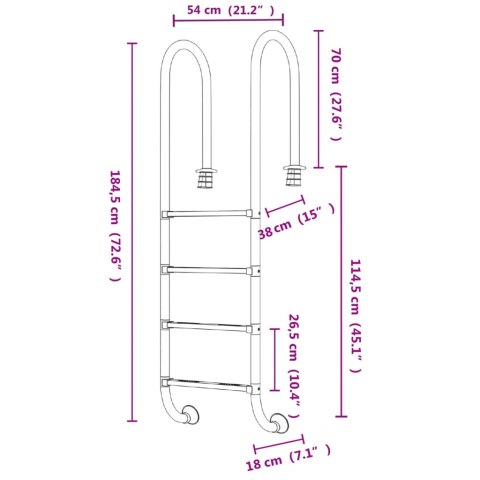 VidaXL Drabinka do basenu, 54x38x184,5 cm, stal nierdzewna 304
