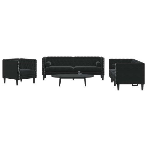VidaXL 3-cz. wypoczynek Chesterfield z wałkami, czarny, aksamit