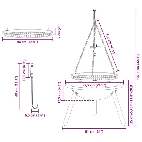 VidaXL Palenisko z regulowanym rusztem ⌀55,5 x 107,5 cm Stal Czarny