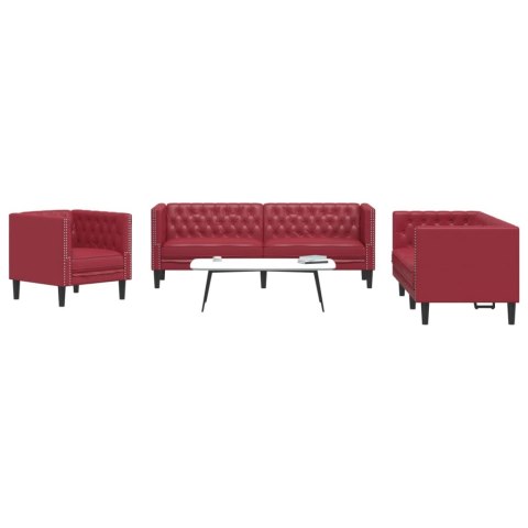 VidaXL 3-cz. zestaw wypoczynkowy Chesterfield, bordowy, sztuczna skóra