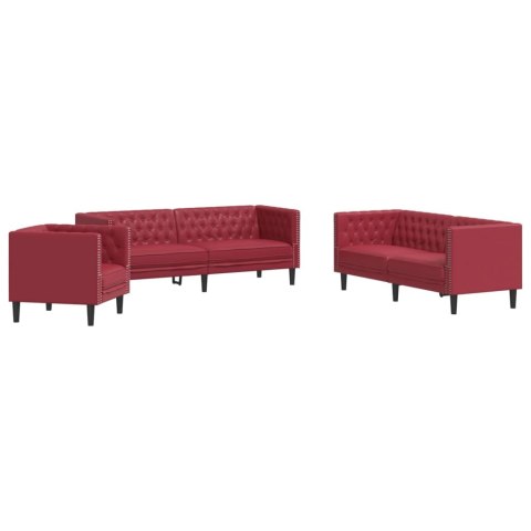 VidaXL 3-cz. zestaw wypoczynkowy Chesterfield, bordowy, sztuczna skóra