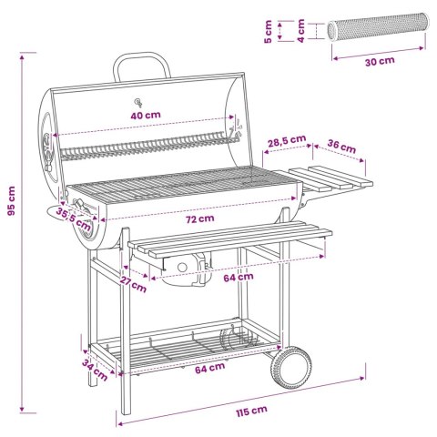 VidaXL Grill beczkowy na kółkach z półkami 3 szt. 115 x 85 x 95 cm