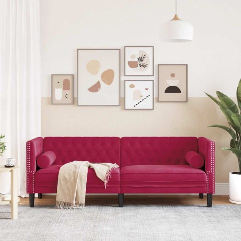VidaXL Sofa Chesterfield z wałkami, trzyosobowa, bordowa, aksamit