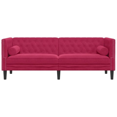 VidaXL Sofa Chesterfield z wałkami, trzyosobowa, bordowa, aksamit