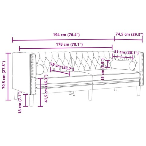 VidaXL Sofa Chesterfield z wałkami, trzyosobowa, bordowa, aksamit