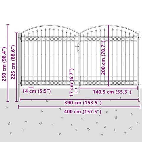 VidaXL Brama ogrodzeniowa ASSEN dwuskrzydłowa z łukowym dachem, stalowa, 400x200 cm