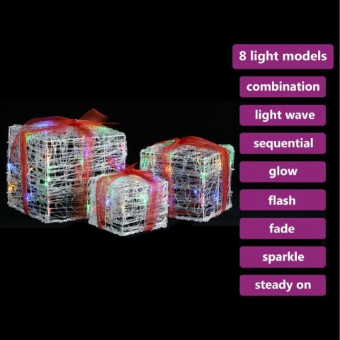 DEKORACJA ŚWIĄTECZNA: 3 AKRYLOWE PREZENTY LED KOLOROWE