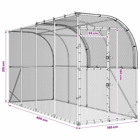 VidaXL Kurnik przy ścianie srebrny 400 x 150 x 215 cm Stal ocynkowana