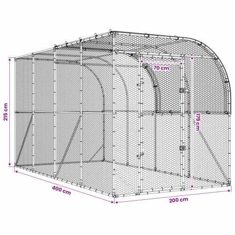 VidaXL Kurnik przy ścianie srebrny 400 x 200 x 215 cm Stal ocynkowana