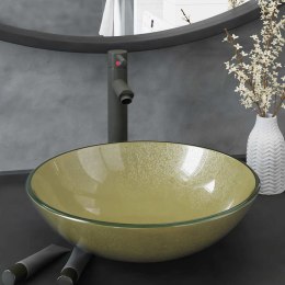 VidaXL Umywalka łazienkowa z kranem i korkiem, złota, szkło hartowane