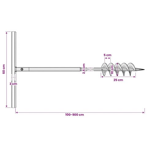 VidaXL Świder glebowy z uchwytem, 100 mm, przedłużany, 9 m, stal