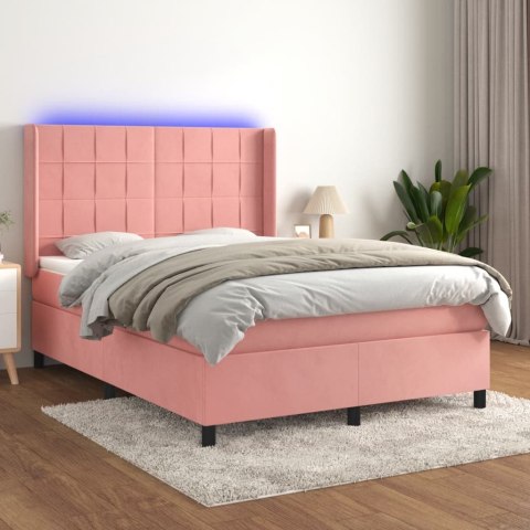 VidaXL Łóżko kontynentalne z materacem i LED, różowy aksamit 140x200cm