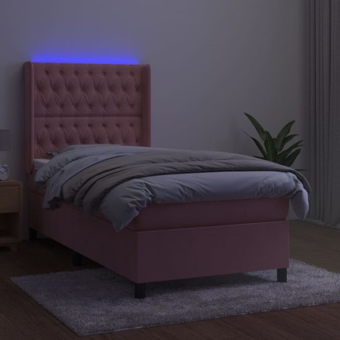 ŁÓŻKO KONTYNENTALNE Z MATERACEM I LED, RÓŻOWY AKSAMIT 90X190 CM