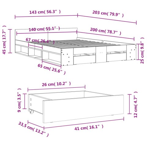 RAMA ŁÓŻKA Z SZUFLADAMI, PRZYDYMIONY DĄB, 140X200 CM