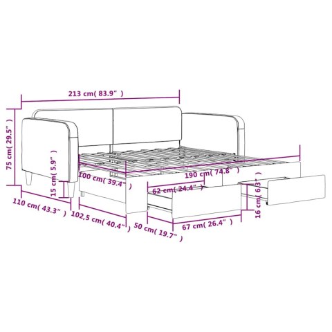 VidaXL Sofa rozsuwana z szufladami, jasnoszara, 100x190 cm, tkanina