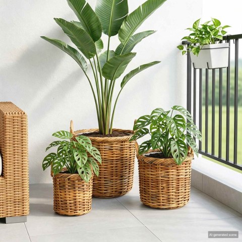 KOSZYK NA ROŚLINY GENDT 3 SZT. NATURALNY BRĄZ RATTAN KUBU