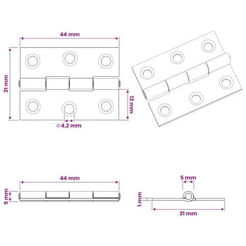 ZAWIAS 48 SZT. 44 X 31 X 5 MM SREBRNY STAL