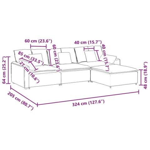 SOFA MODUŁOWA Z PODNÓŻKIEM I PODUSZKAMI, JASNOSZARA