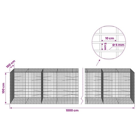 GABION Z DRUTEM 5 MM I SIATKĄ 5X10 CM 1000X100X100 CM