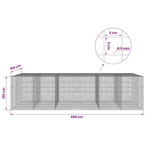 GABION Z DRUTU 5 MM I SIATKĄ 5X5 CM 600X100X150 CM
