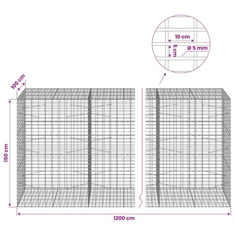 GABION Z DRUTU 5 MM I SIATKĄ 5X10 CM 1200X100X150 CM