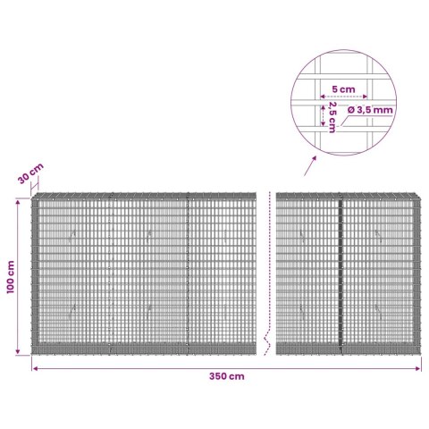GABION Z DRUTU 3,5 MM I SIATKĄ 5X2,5 CM 350X30X100 CM