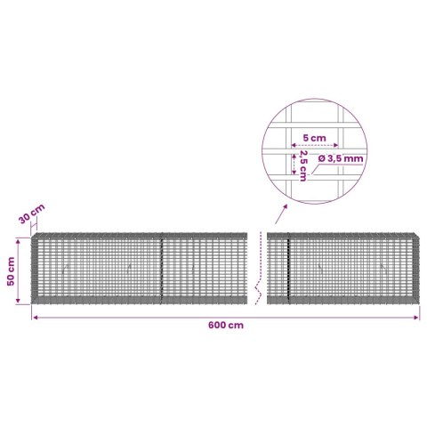 GABION Z DRUTU 3,5 MM I SIATKĄ 5X2,5 CM 600X30X50 CM