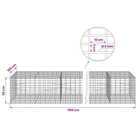 GABION Z DRUTU 5 MM I SIATKĄ 5X10 CM 1150X100X50 CM