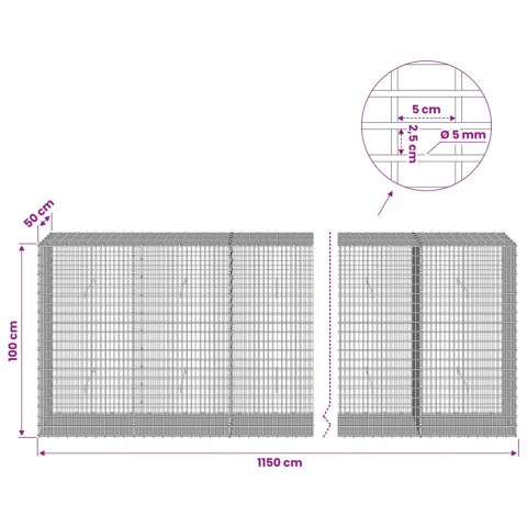 GABION Z DRUTU 5 MM I SIATKĄ 5X2,5 CM 1150X50X100 CM